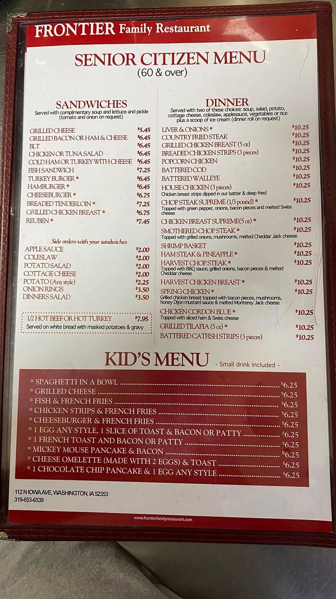Menu at Frontier Family Restaurant, Washington, 112 N Iowa Ave