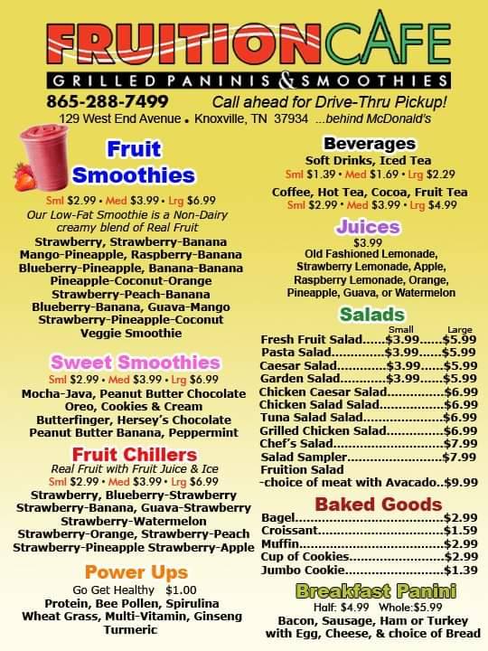 Menu at Fruition Cafe, Knoxville