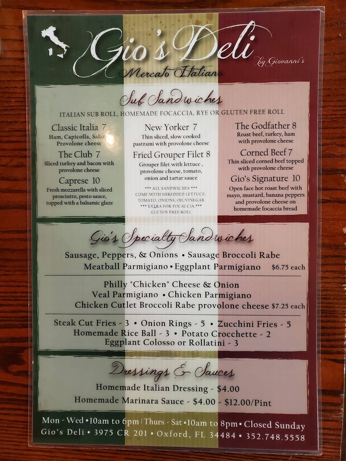Menu at Gio's Deli cafe, Oxford