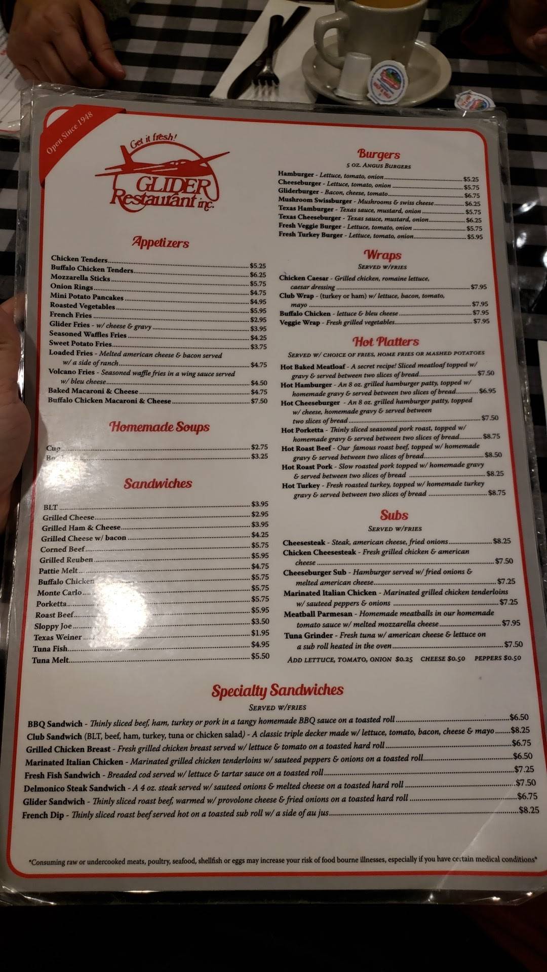 Menu at Glider Diner restaurant, Scranton