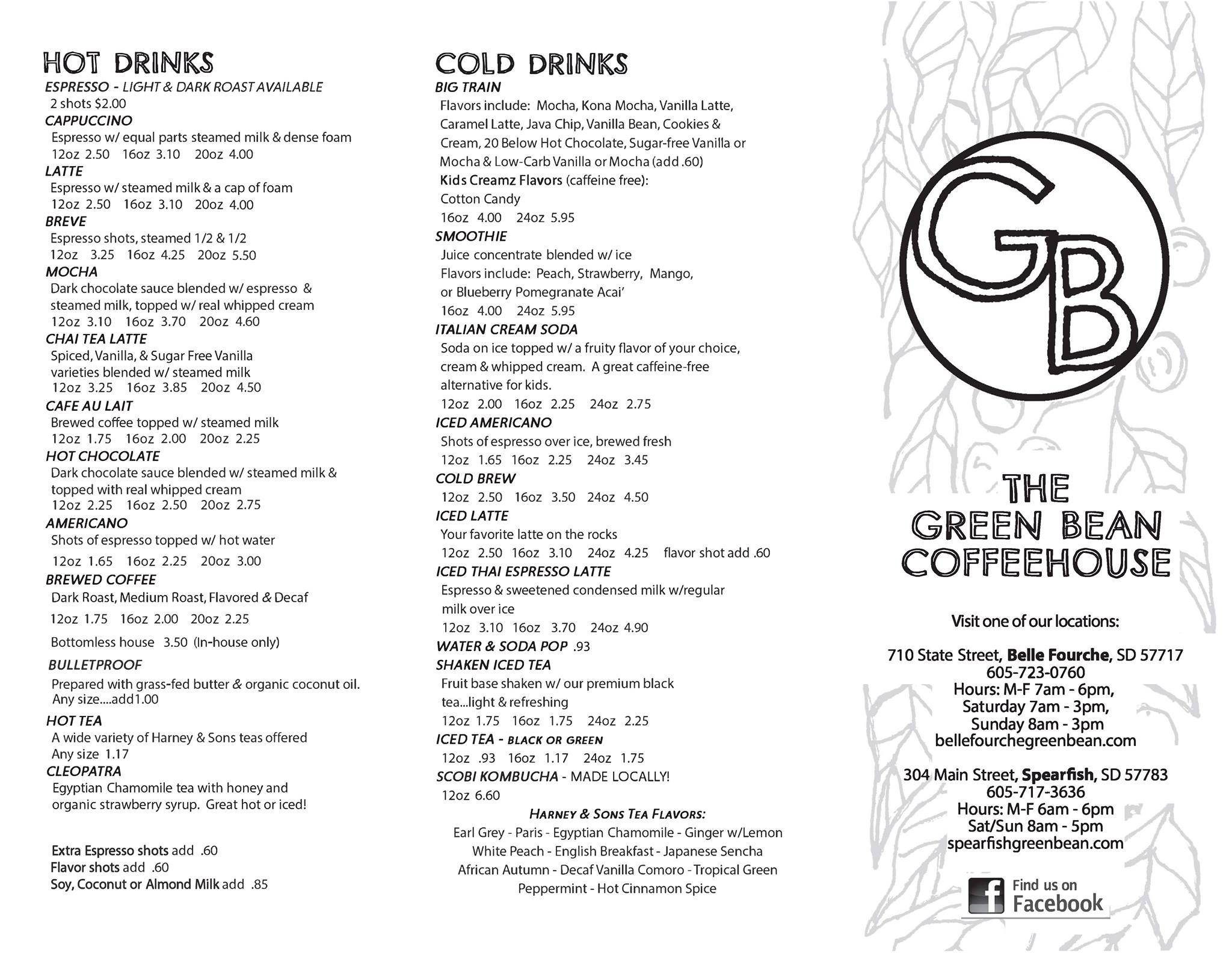 Menu at Green Bean cafe, Spearfish