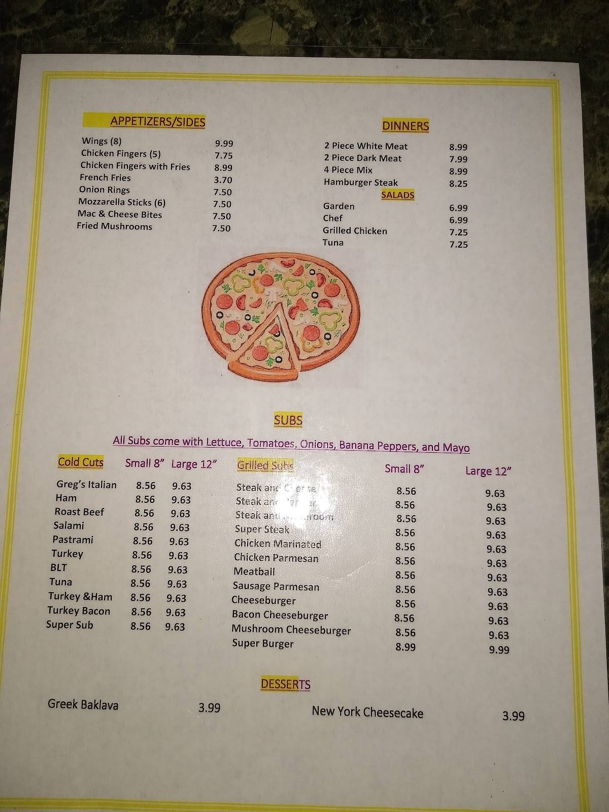 Menu at Greg's Pizza pizzeria, Grifton