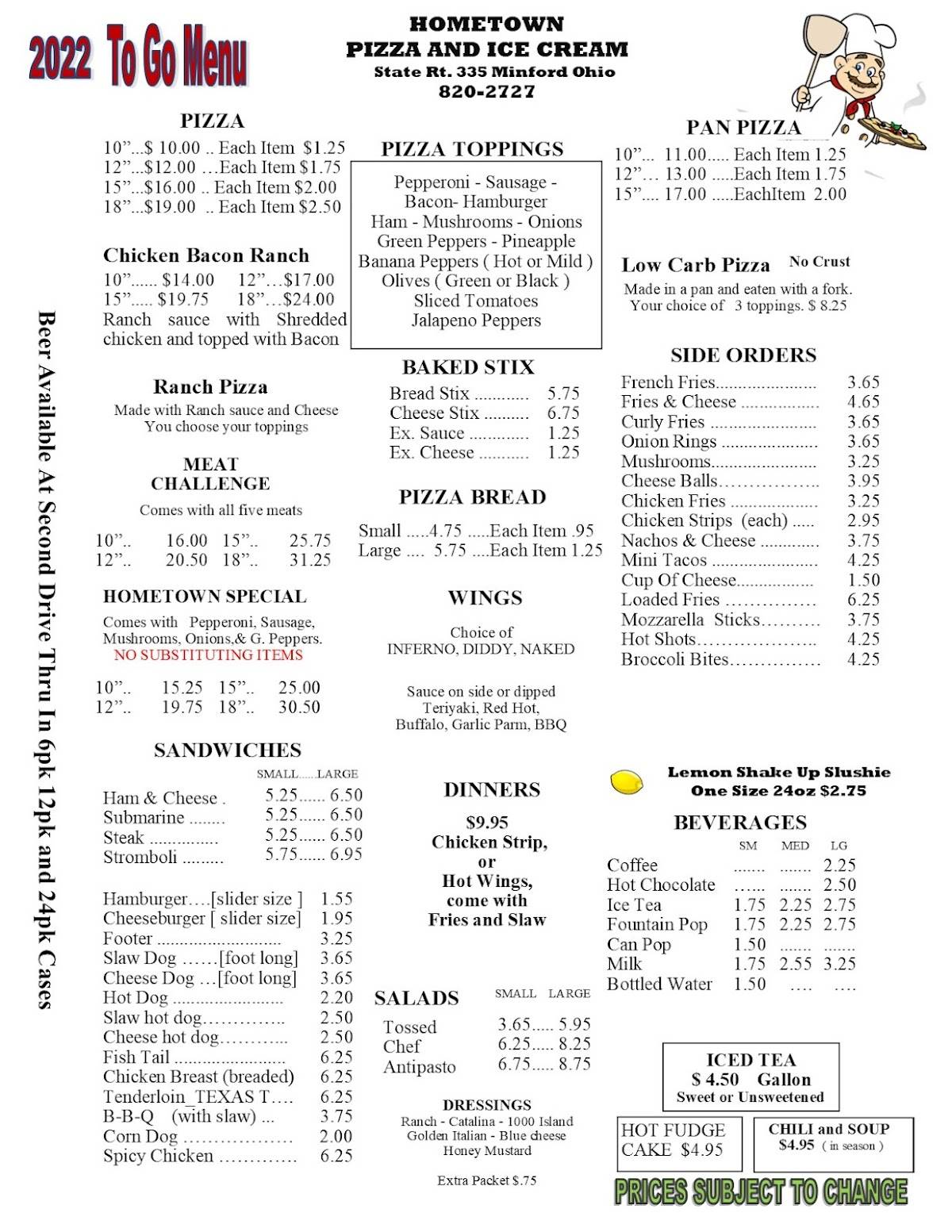 Menu at Hometown Pizza pizzeria, Minford