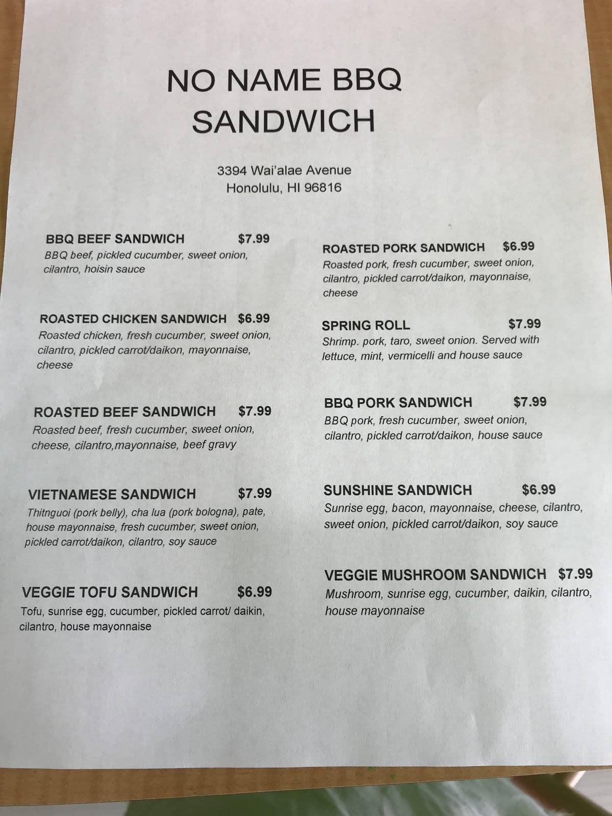 Menu at No Name BBQ Sandwich, Honolulu