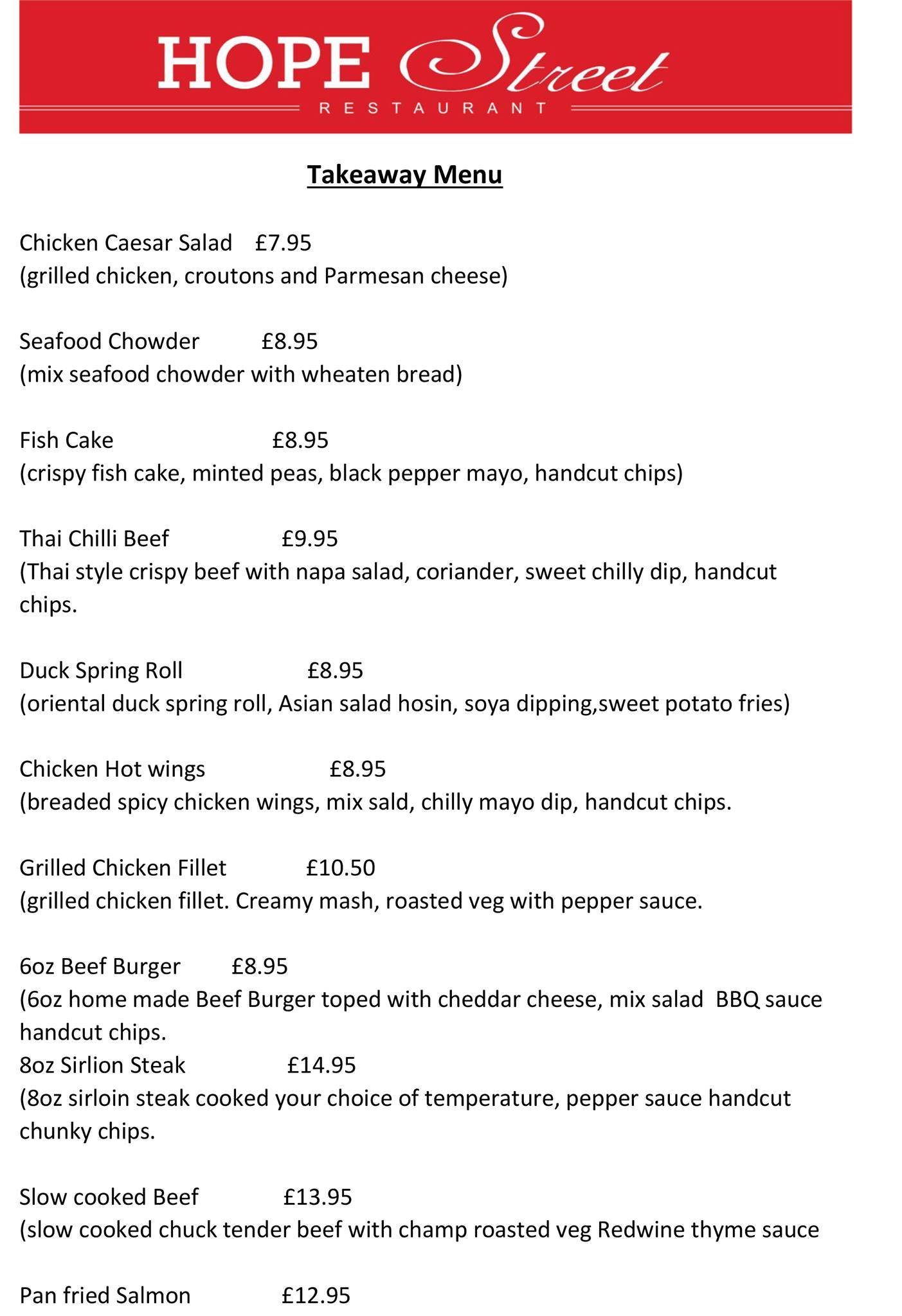 Menu at Hope Street Restaurant Belfast, Belfast