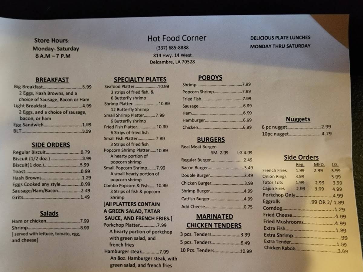 Menu at Hot Food Corner 2 restaurant, Delcambre