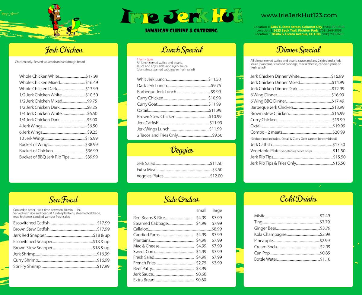 Menu at Irie Jerk Hut 3 restaurant, Country Club Hills