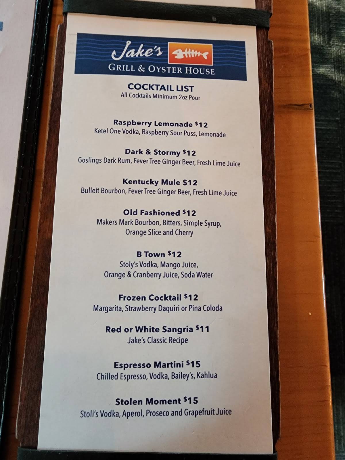 Menu at Jakes Grill & Oyster House restaurant, Burlington