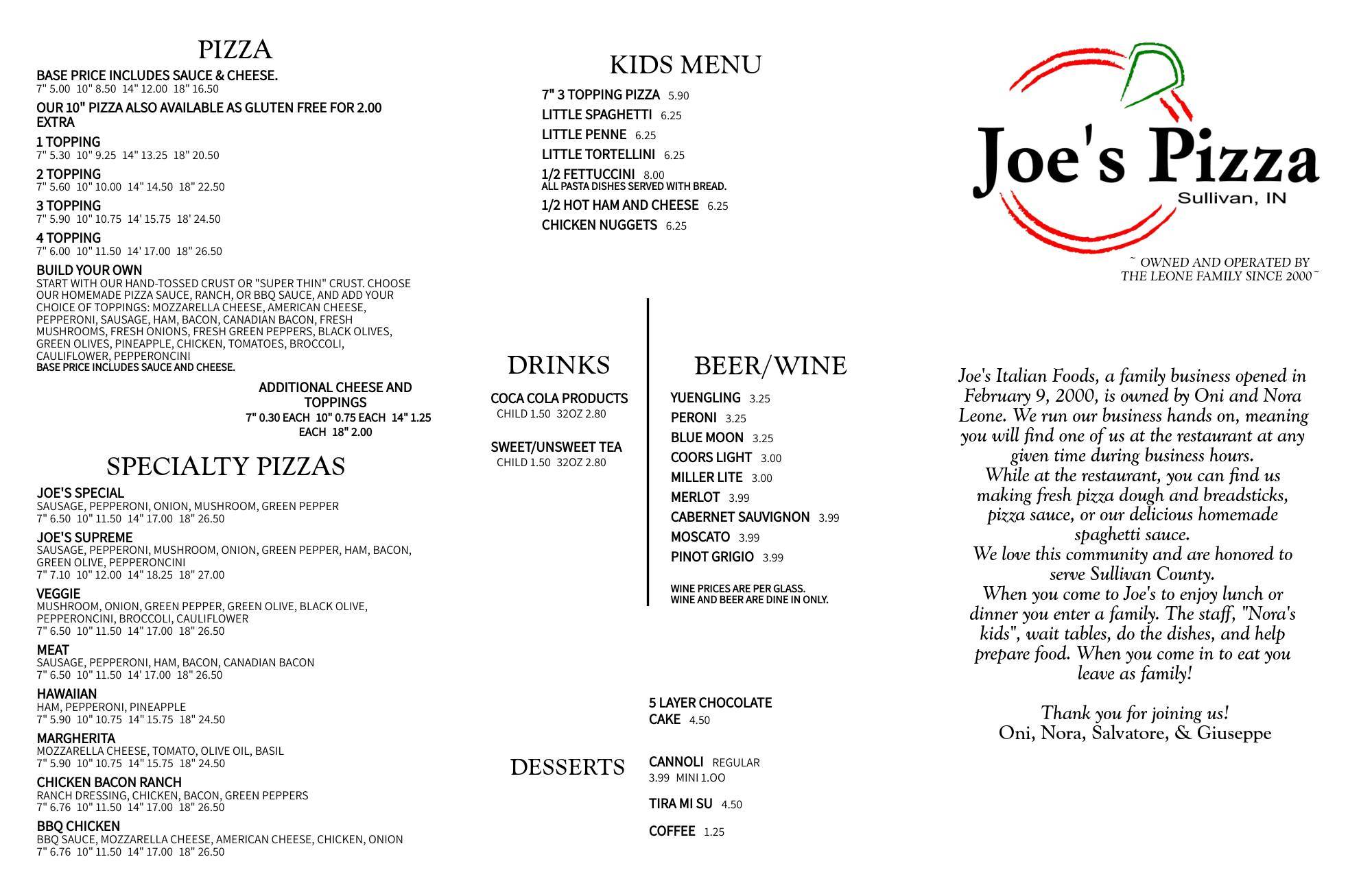 Menu at Joe's Italian Foods inc. pizzeria, Sullivan