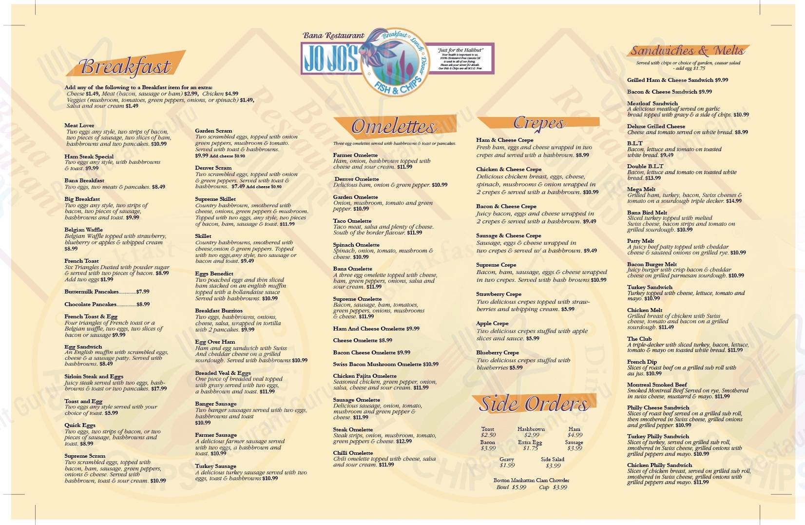 Menu at Jojo's Fish & Chips Bana Restaurant, Abbotsford