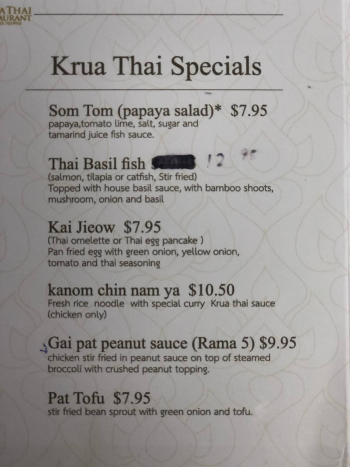 Menu at Krua Thai Restaurant, Abilene