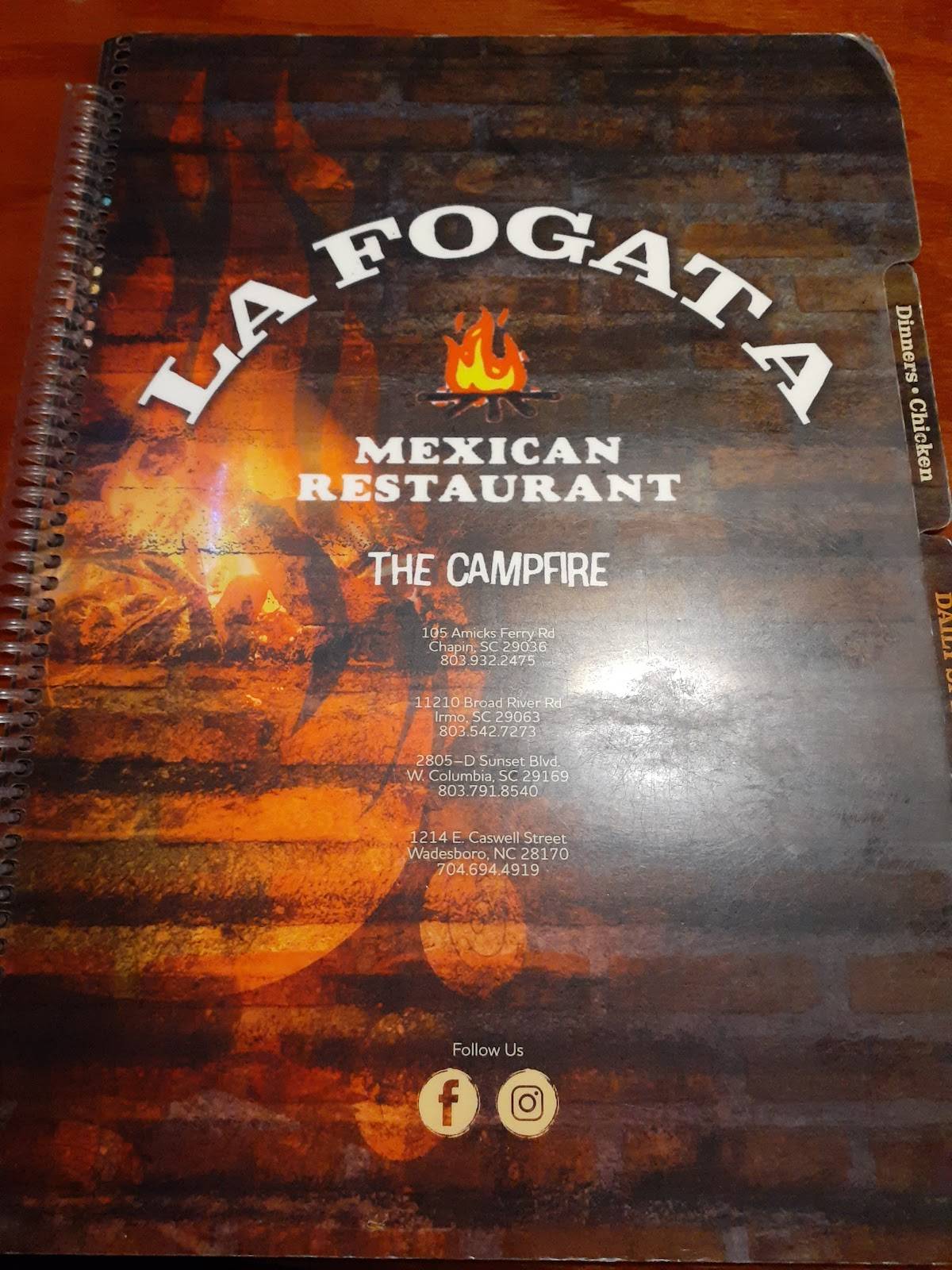 Menu at La Fogata Mexican Restaurant, Chapin