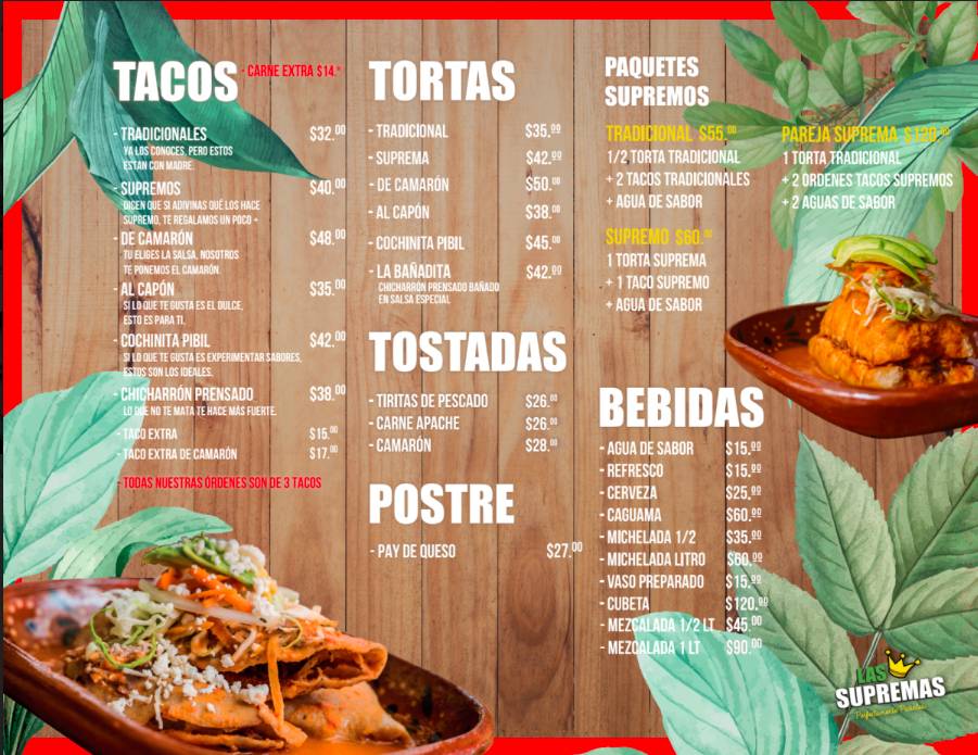 Carta del restaurante Las Supremas Tortas y Tacos Ahogados, Morelia, Av Acueducto 3206