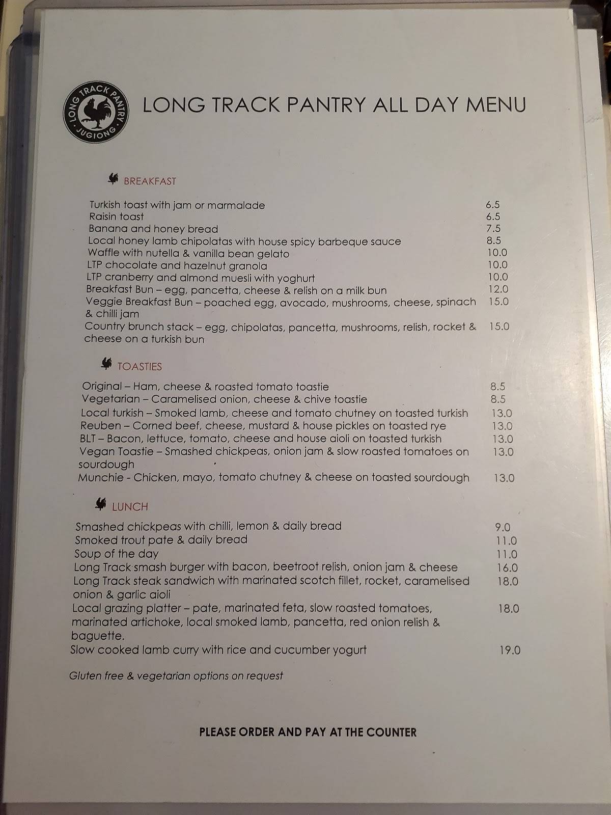 Menu at Long Track Pantry cafe, Jugiong