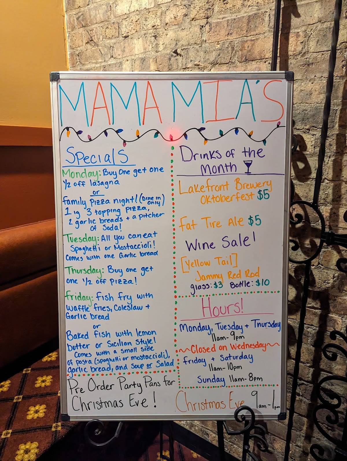 Menu at Mama Mia's pizzeria, West Allis, W Greenfield Ave