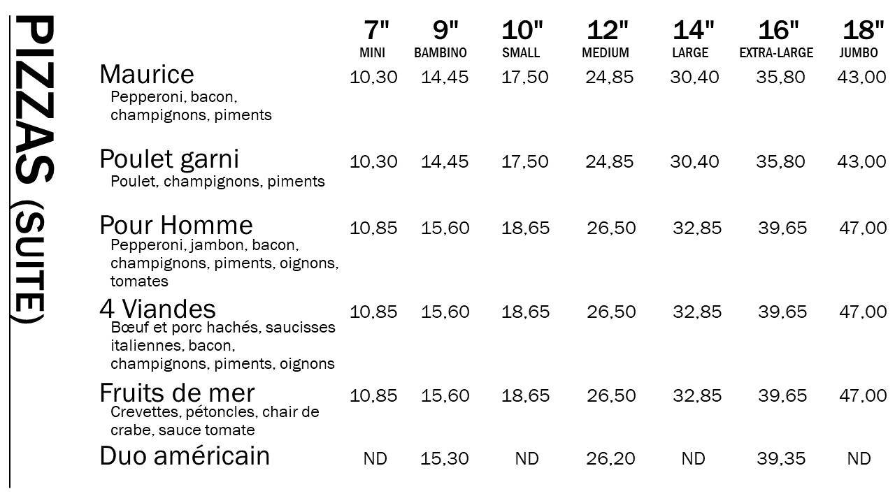 Menu au Maurice Pizzeria, Waterloo