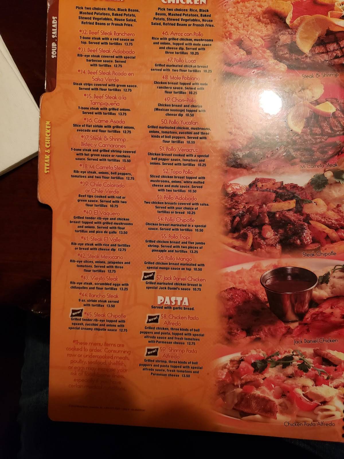 Menu at Mi Carreta restaurant, Lenoir