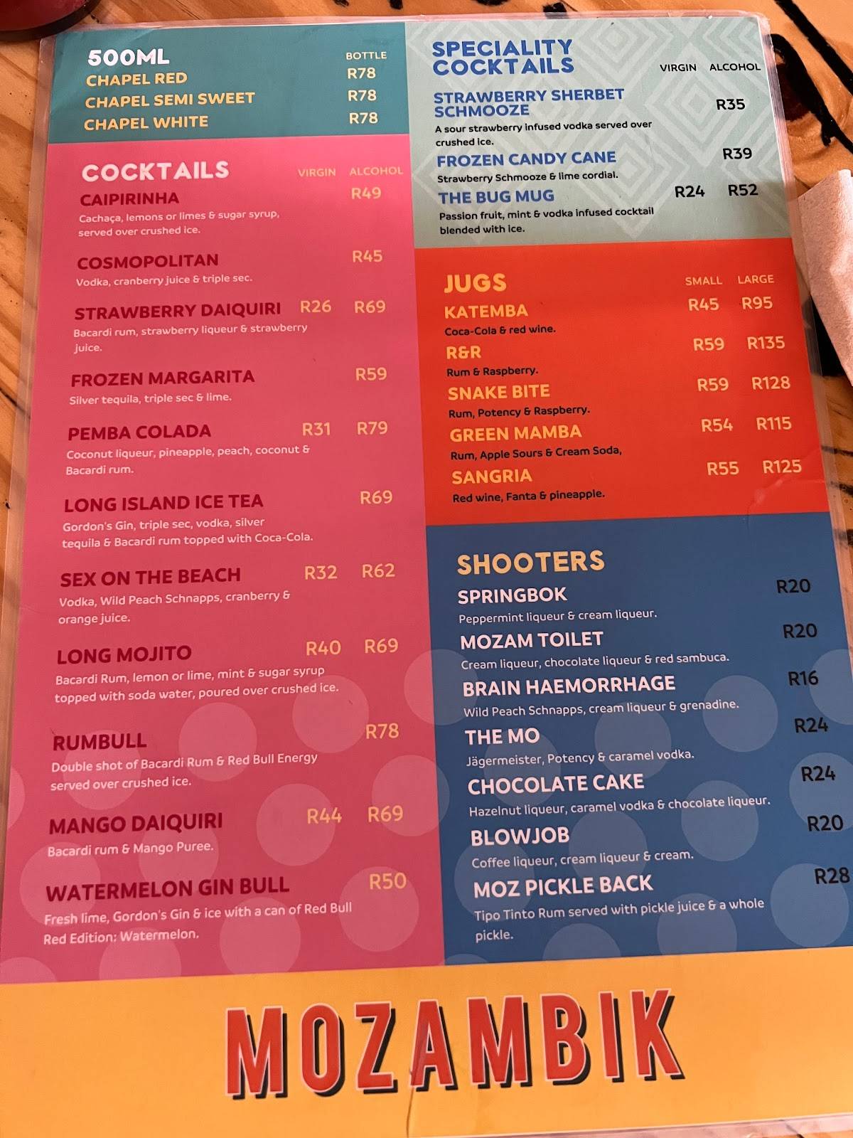 Menu at Mozambik Nelspruit restaurant, Nelspruit