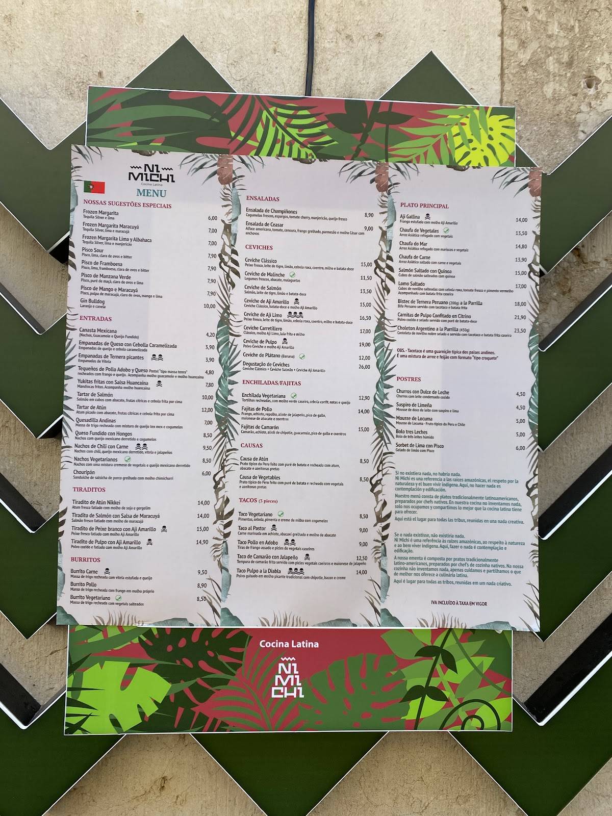 Menu at Ni Michi Cocina Latina restaurant, Lisbon