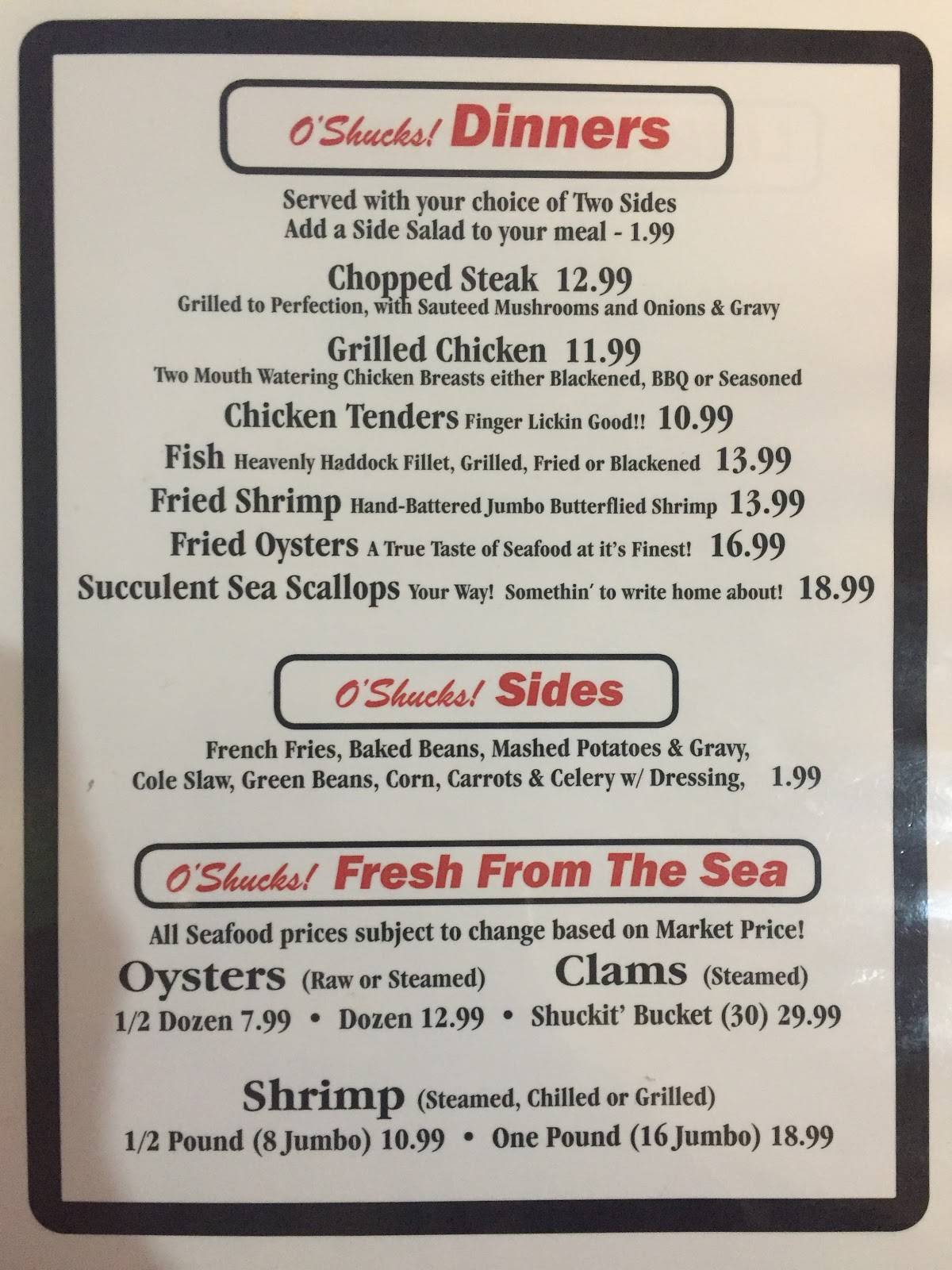 Menu at O'Shucks Oyster Bar & Grill, Wildwood