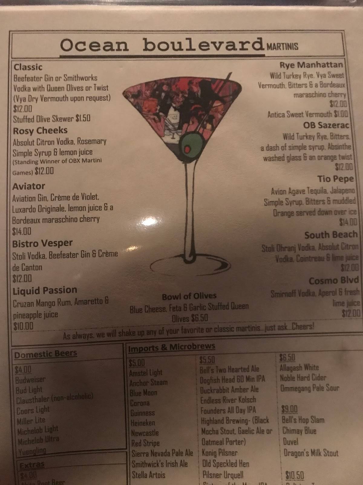 Menu at Ocean Boulevard Bistro and Martini Bar, Kitty Hawk
