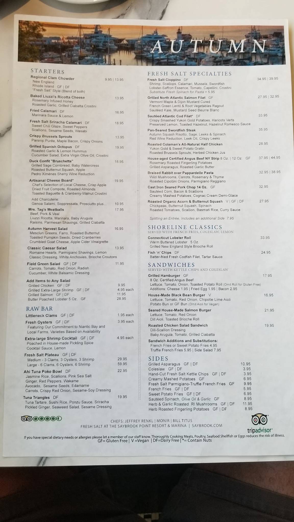 Menu at Fresh Salt restaurant, Old Saybrook