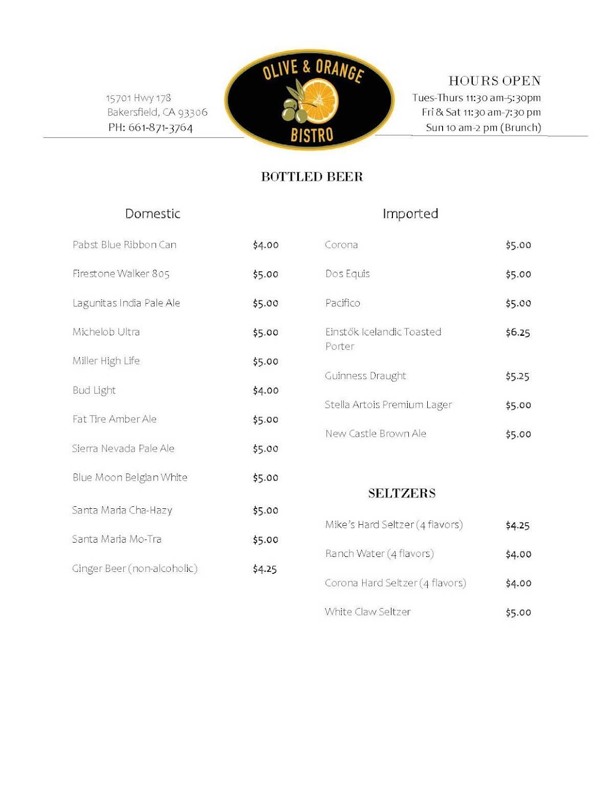Menu at Olive & Orange Bistro restaurant, Bakersfield