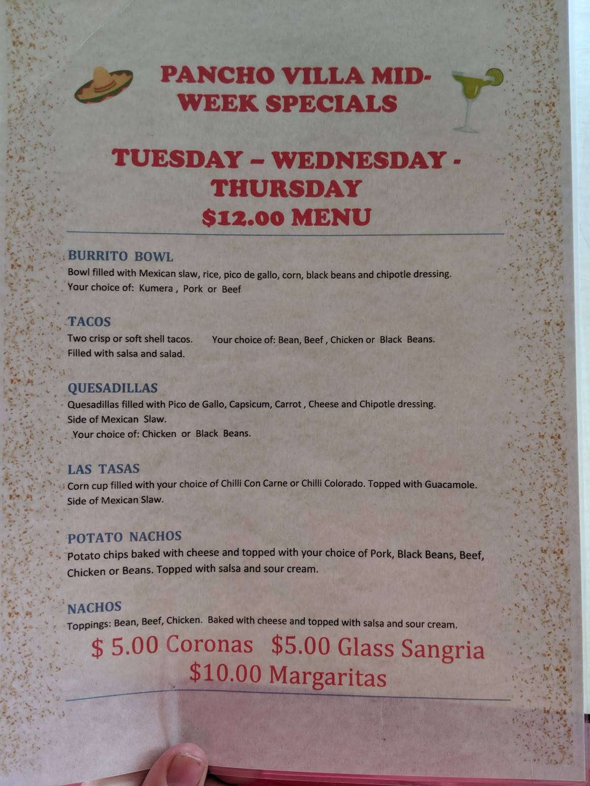 Menu at Pancho Villa Mexican Restaurant, Lennox Head