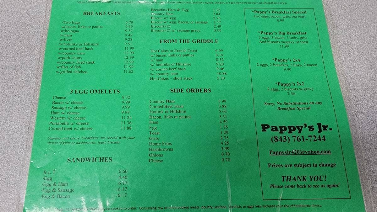 Menu at Pappy's Jr restaurant, Moncks Corner