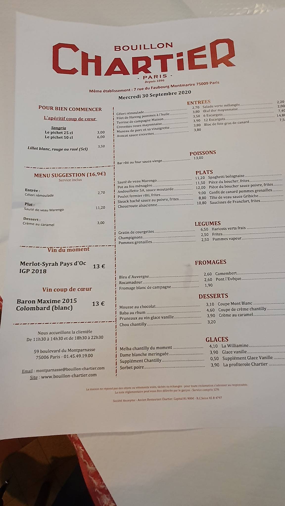 Carta del restaurante Bouillon Chartier, Paris, 59 Bd du Montparnasse