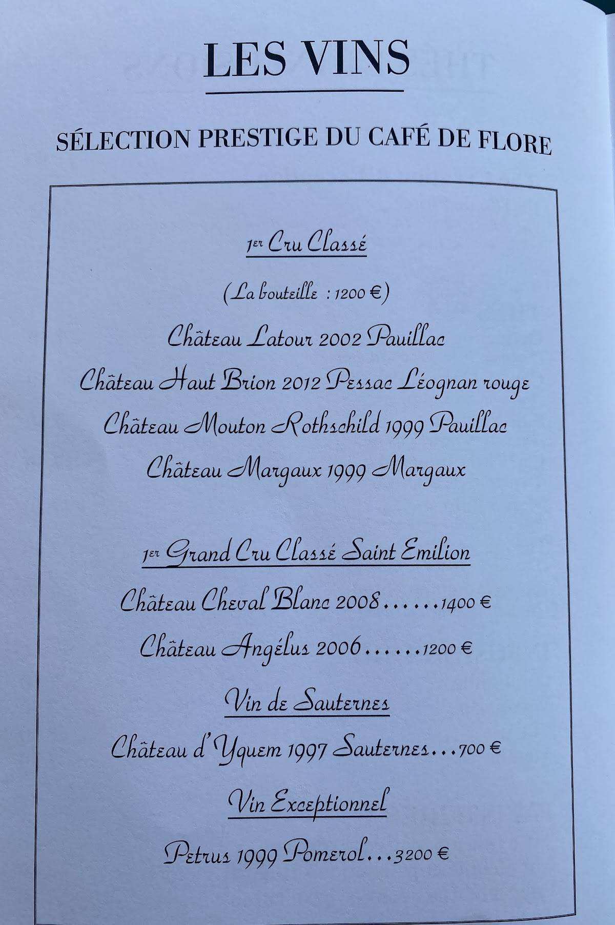 Menu at Café de Flore, Paris, 172 Bd Saint-Germain