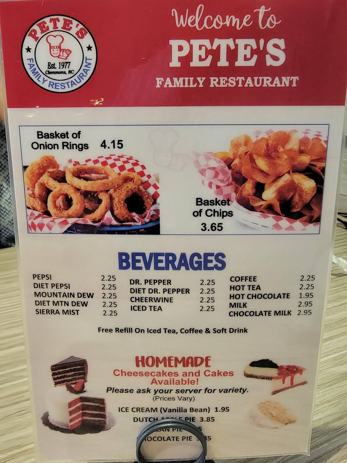Menu at Pete's Family Restaurants, Clemmons