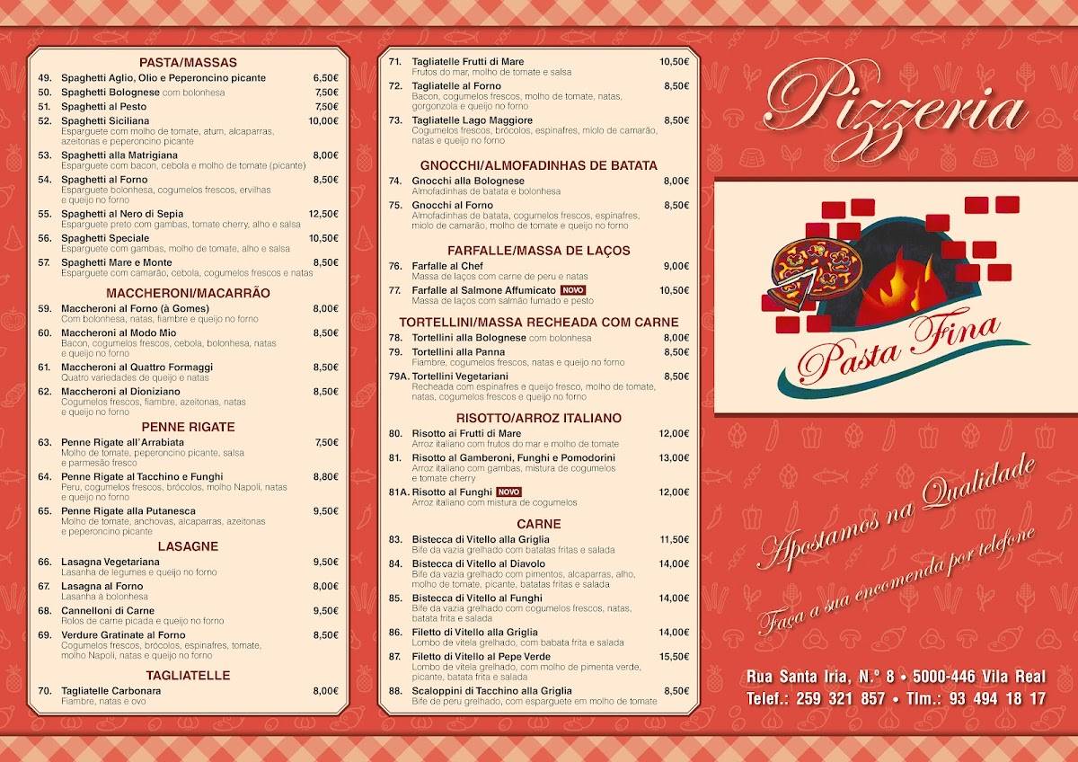 Menu em Pizzaria Pasta Fina Vila Real, Vila Real