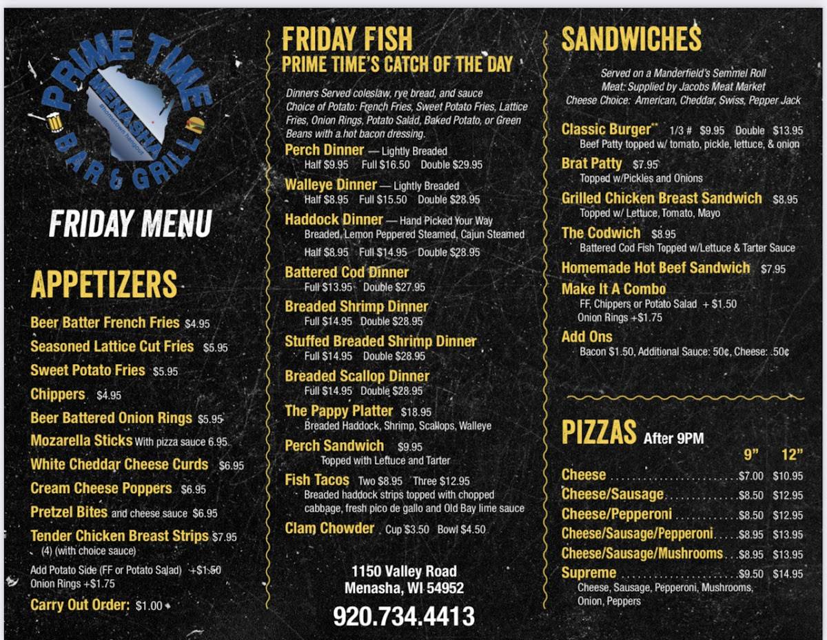 Menu at Prime Time Bar And Grill, Menasha