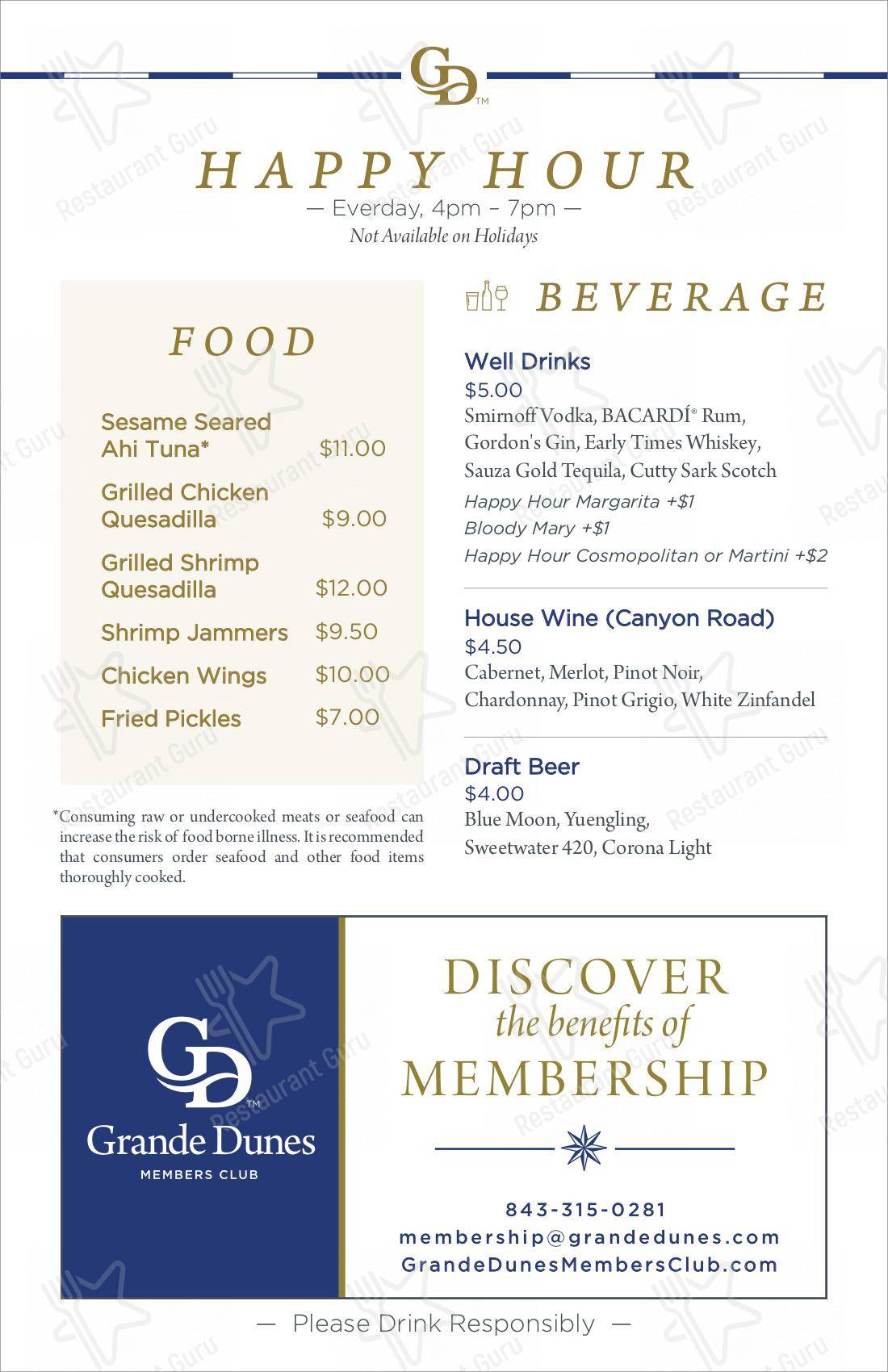 Menu at Anchor Café at Grande Dunes pub & bar, Myrtle Beach