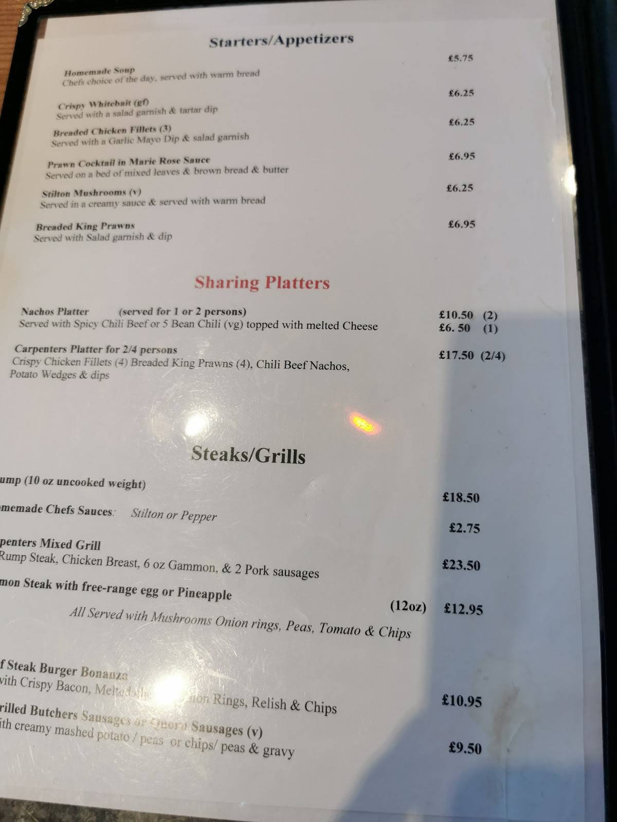 Menu at Carpenters Arms East Winch pub & bar, East Winch, Lynn Rd