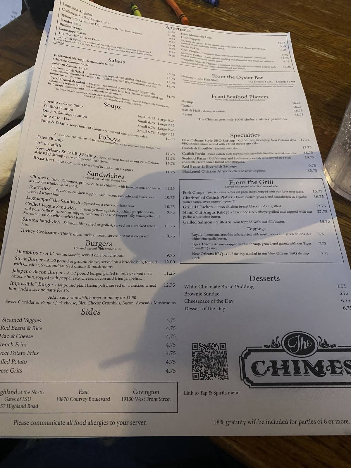 Menu at The Chimes pub & bar, Baton Rouge
