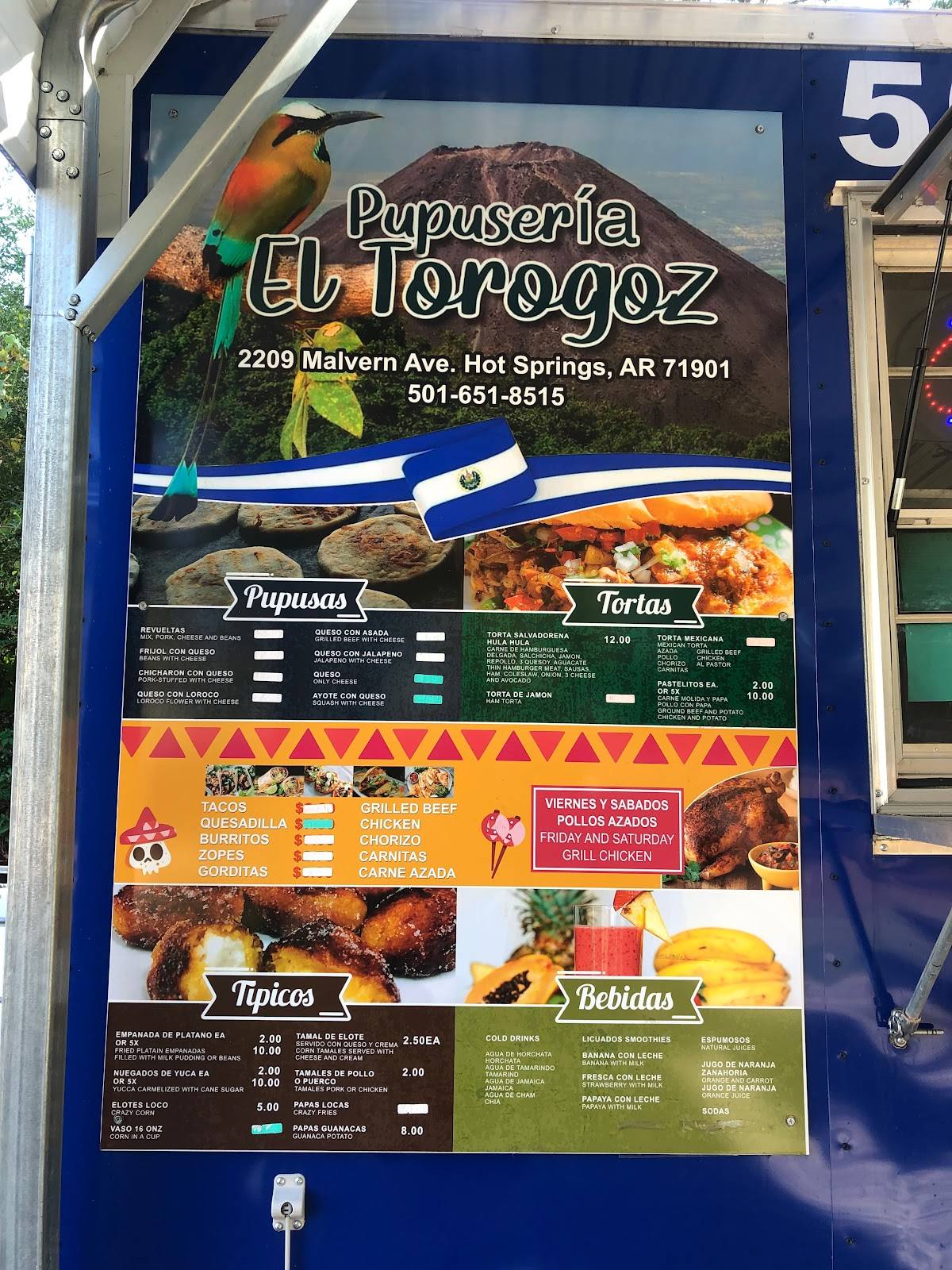 Menu at Pupusería El Torogoz restaurant, Hot Springs