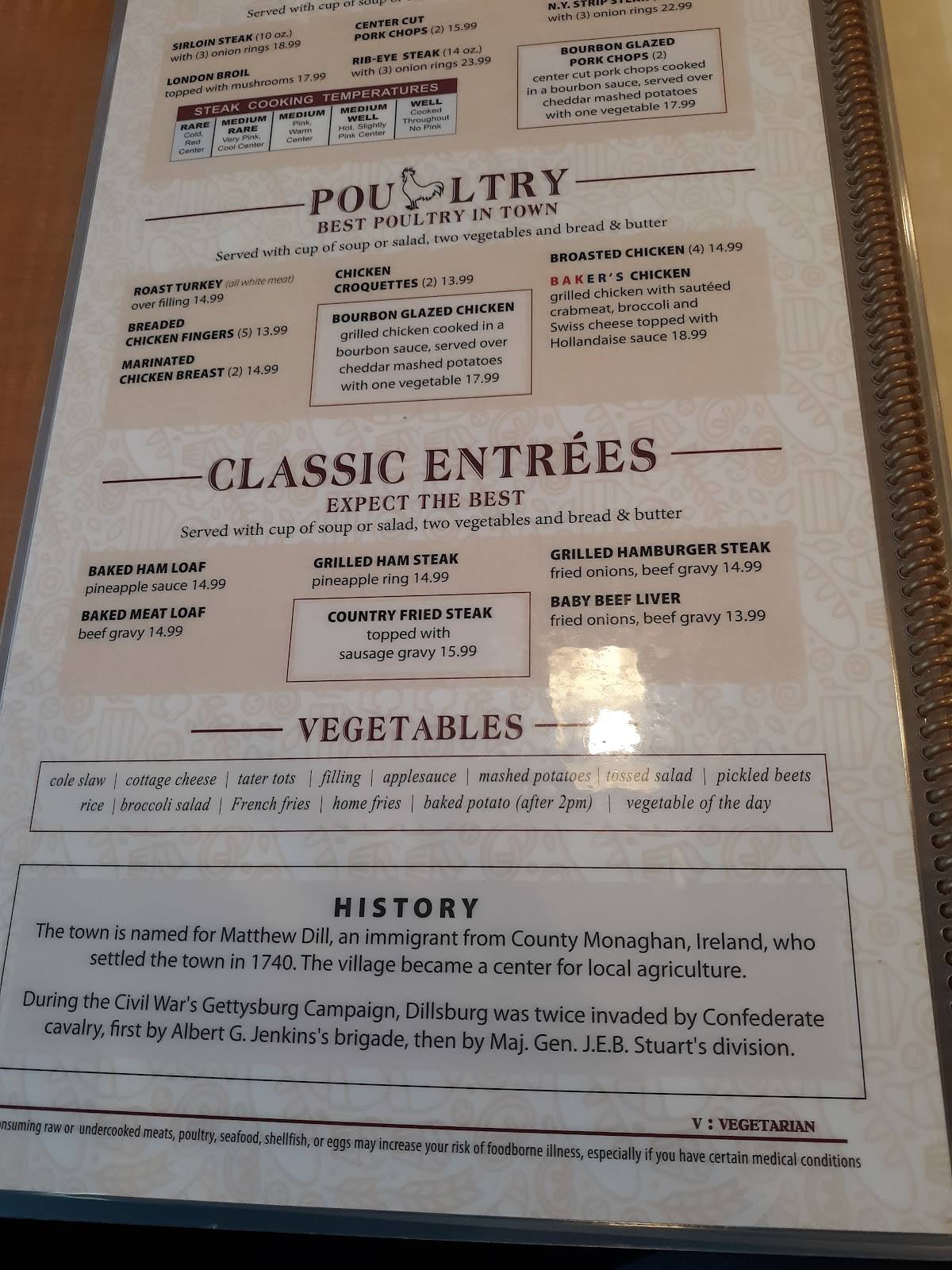 Menu at Baker's Diner restaurant, Dillsburg