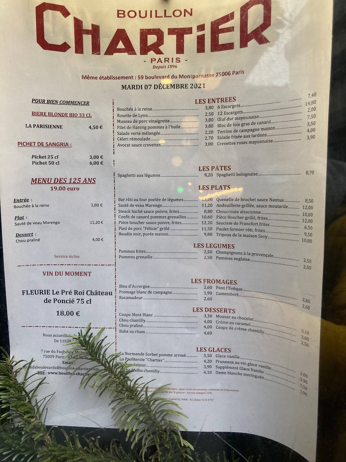 Carta del restaurante Bouillon Chartier, Paris, 59 Bd du Montparnasse