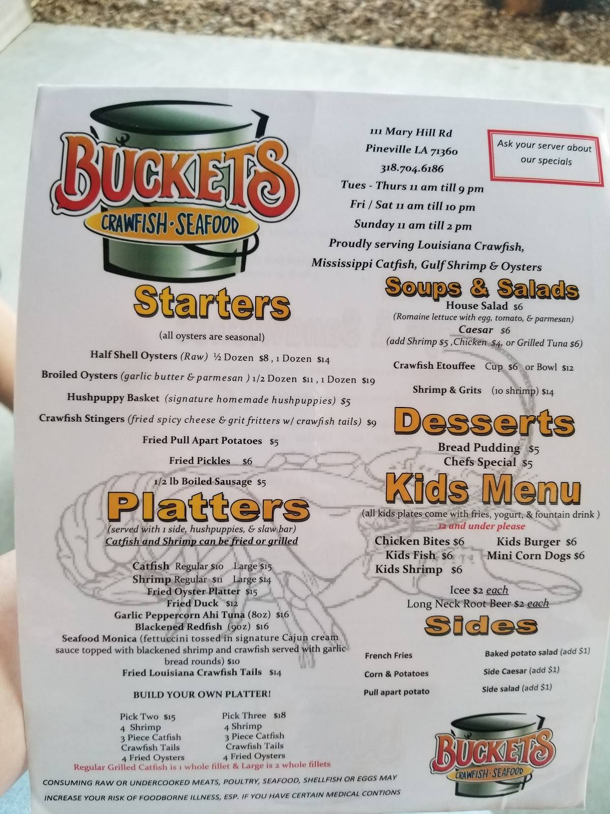 Menu at Buckets Crawfish and Seafood restaurant, Pineville