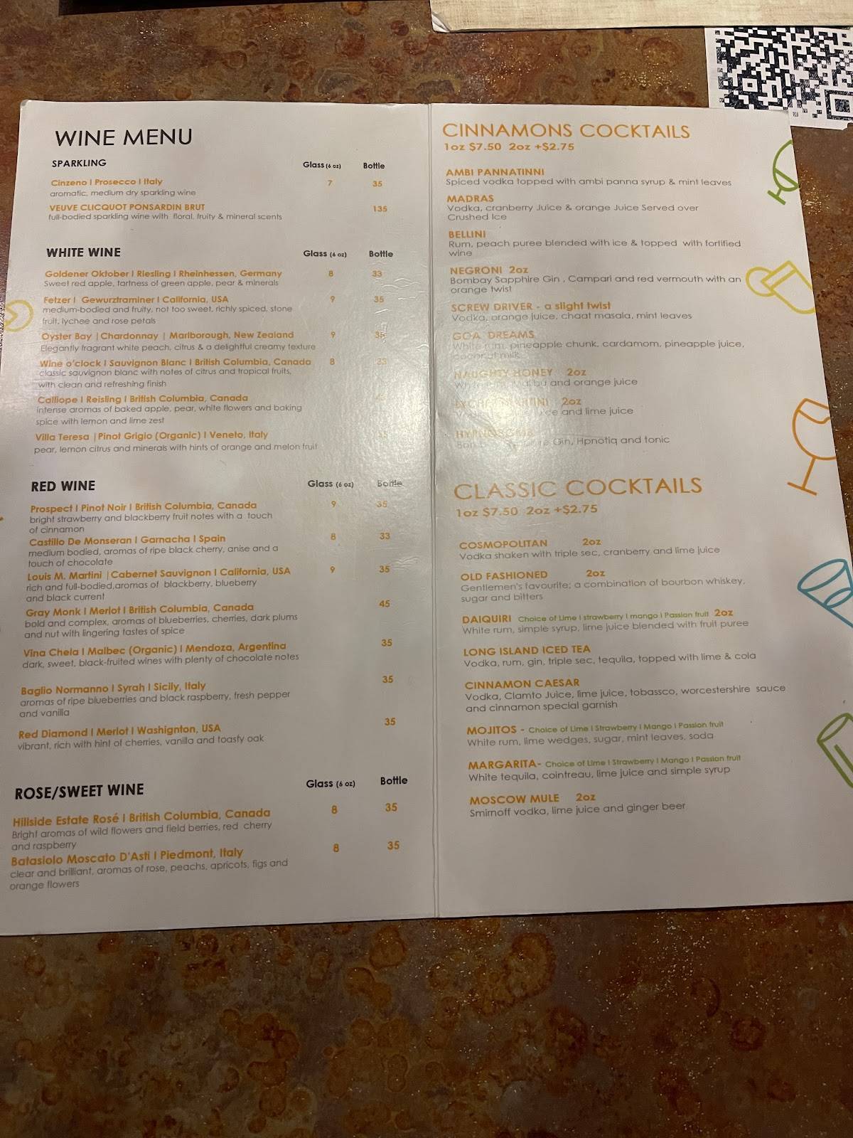 Menu at Cinnamon Indian Cuisine & Bar, Calgary, 23 St NE