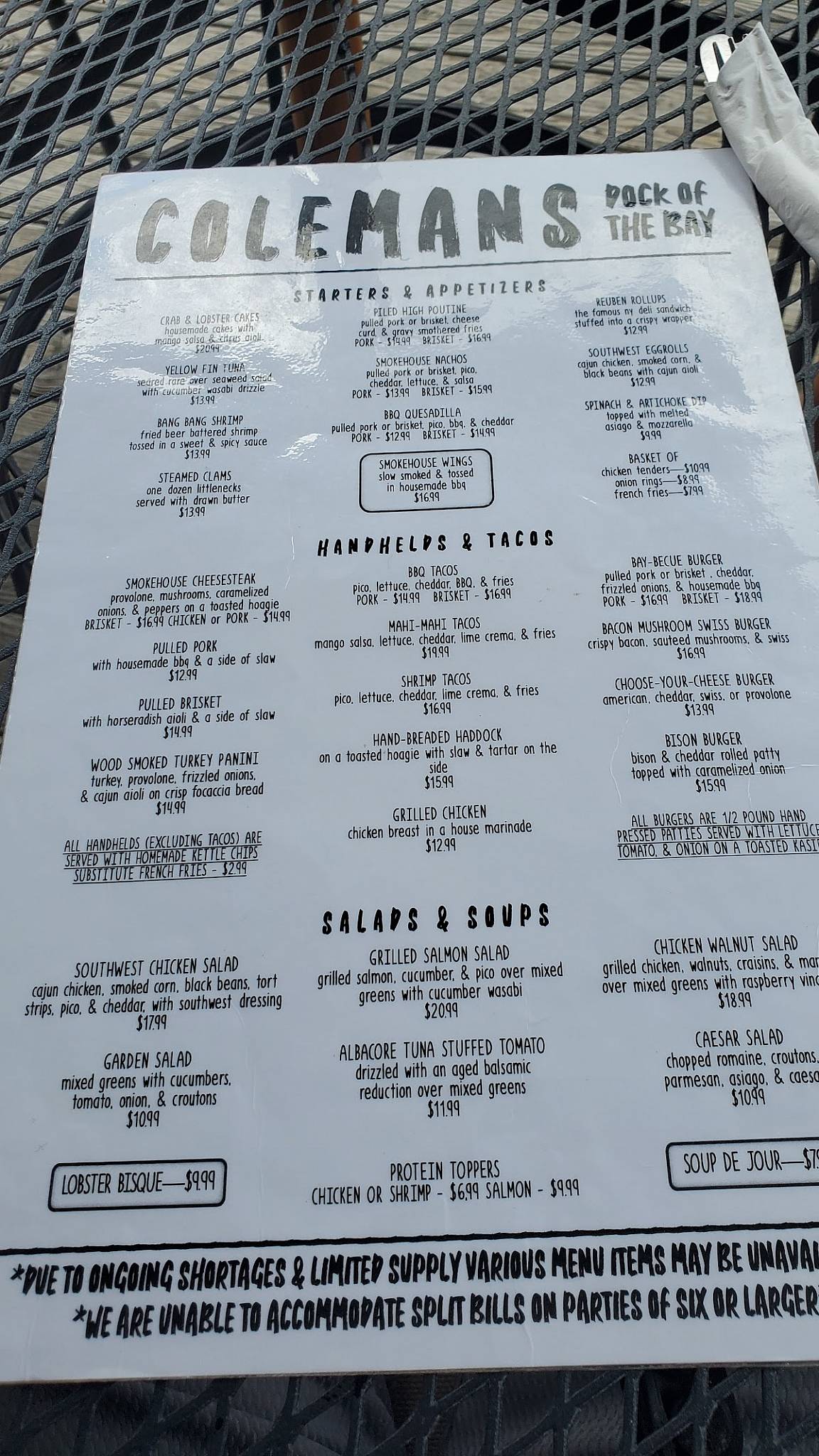 Menu at Coleman's Dock Of The Bay restaurant, Alexandria Bay