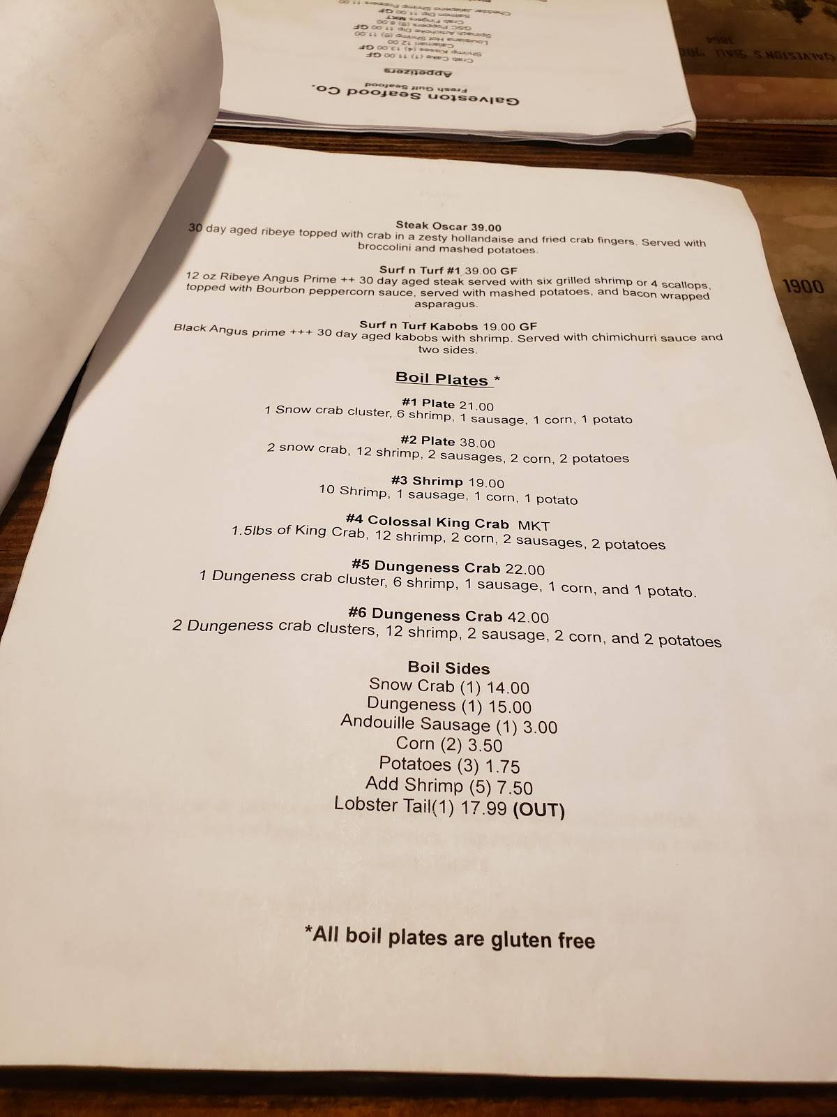 Menu at Galveston Seafood Company restaurant, Abilene