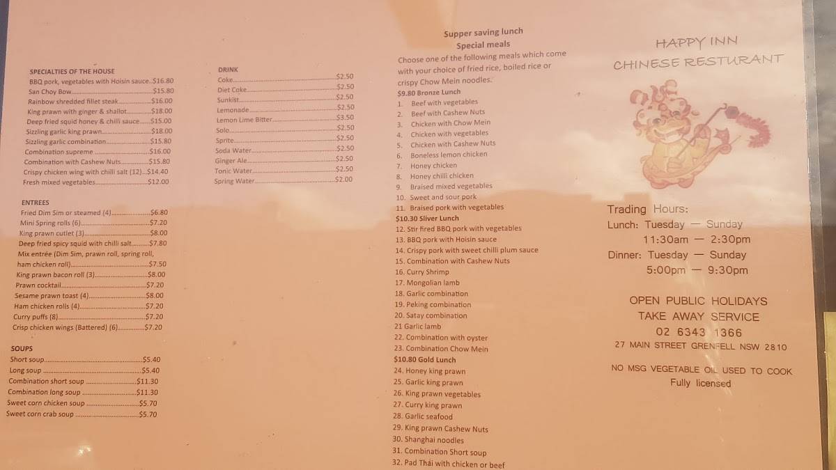 Menu at Happy Inn Chinese Restaurant, Grenfell