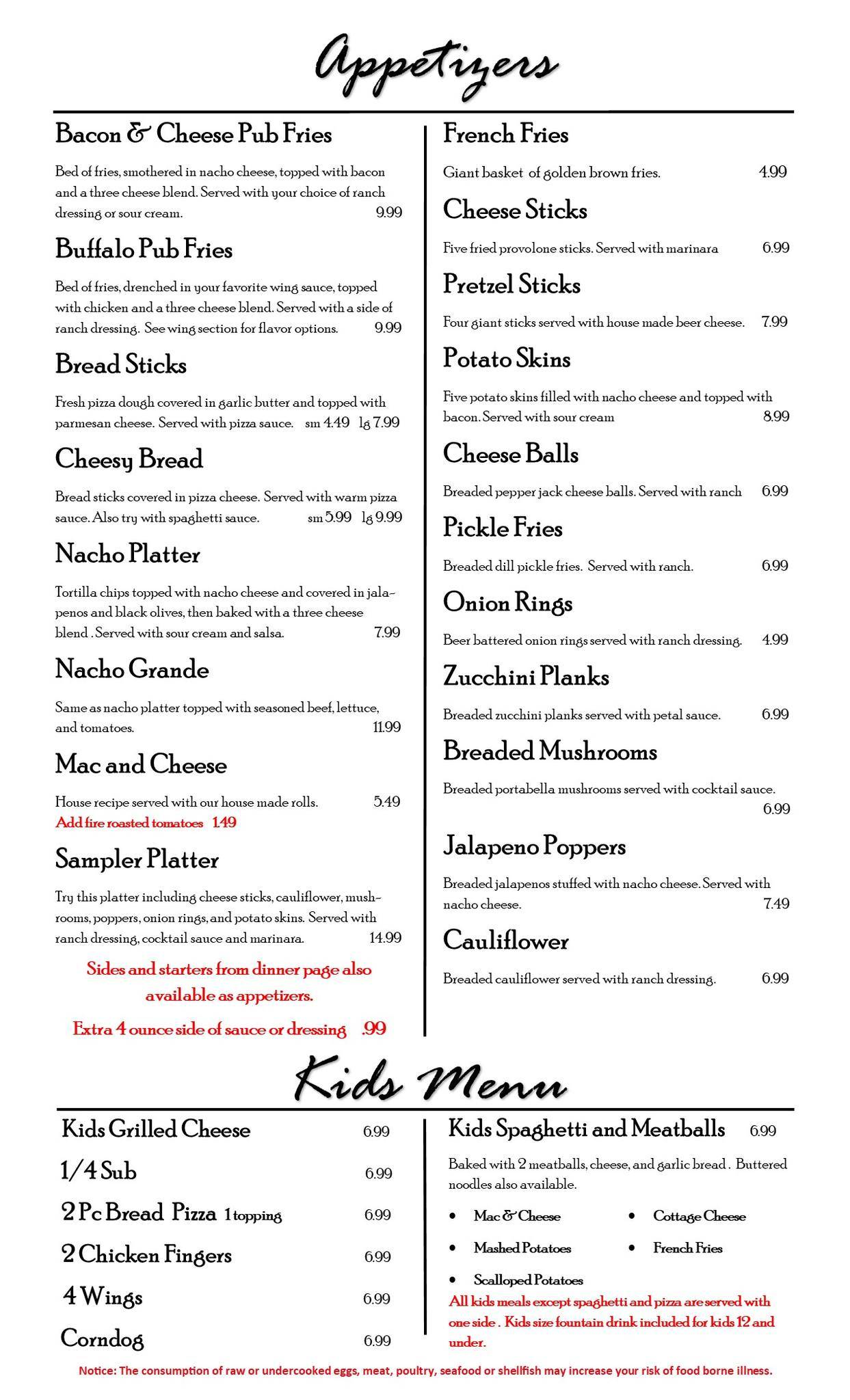 Menu at Joey's restaurant, Houtzdale