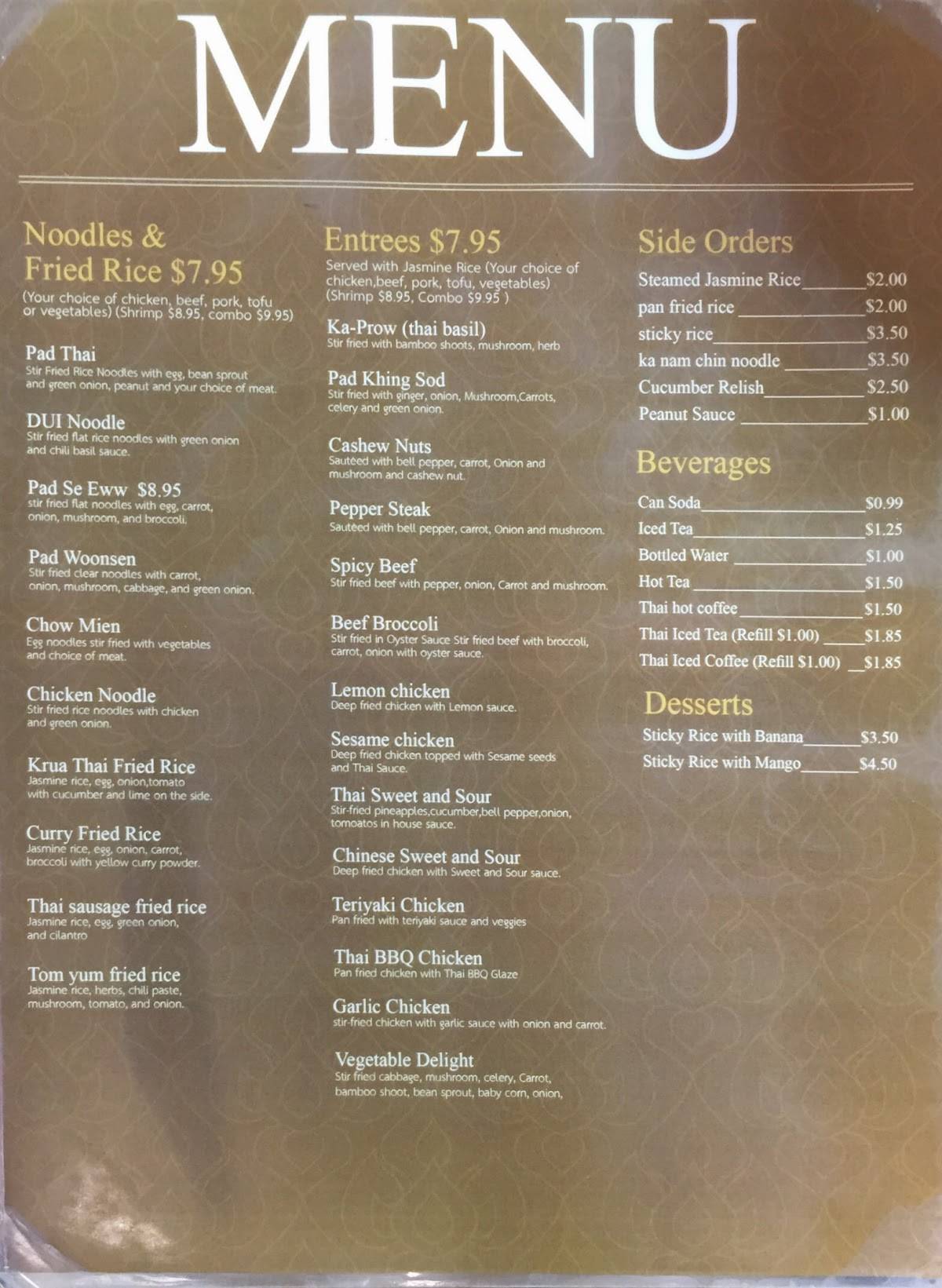 Menu at Krua Thai Restaurant, Abilene