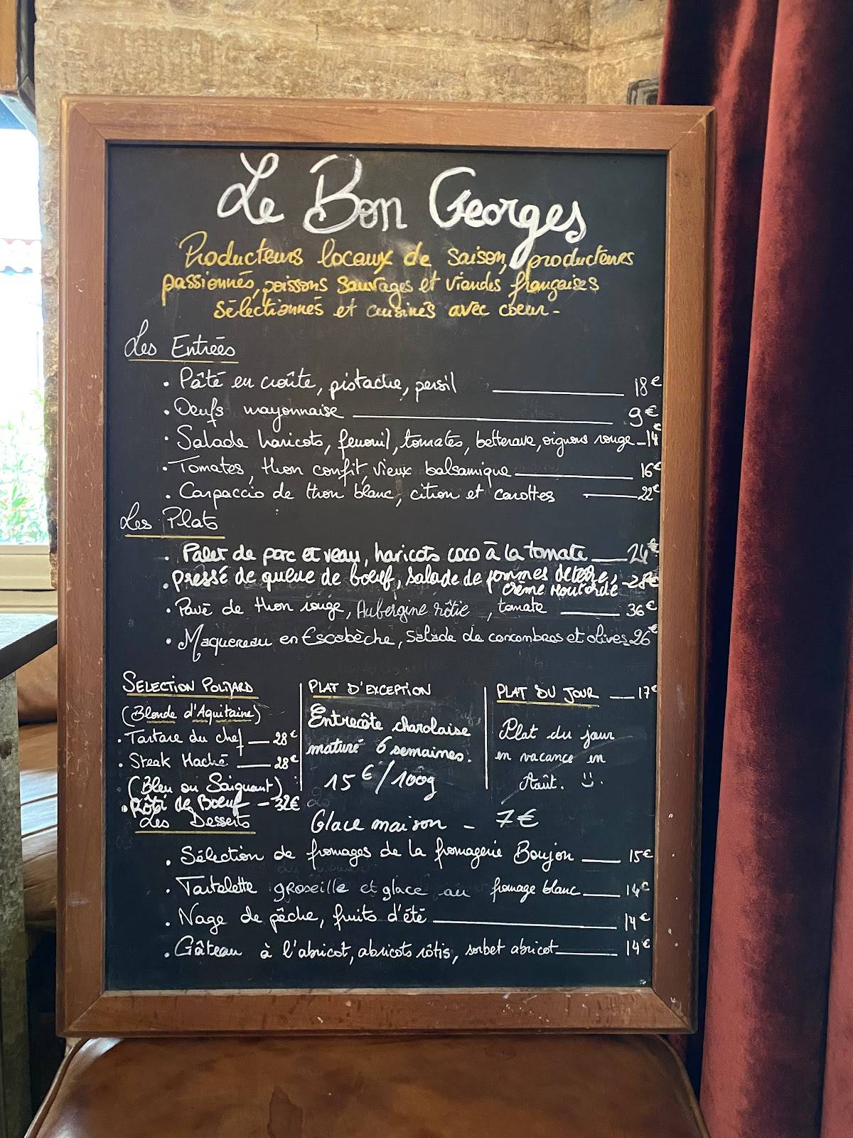 Menu at Le Bon Georges restaurant, Paris, 45 Rue Saint-Georges