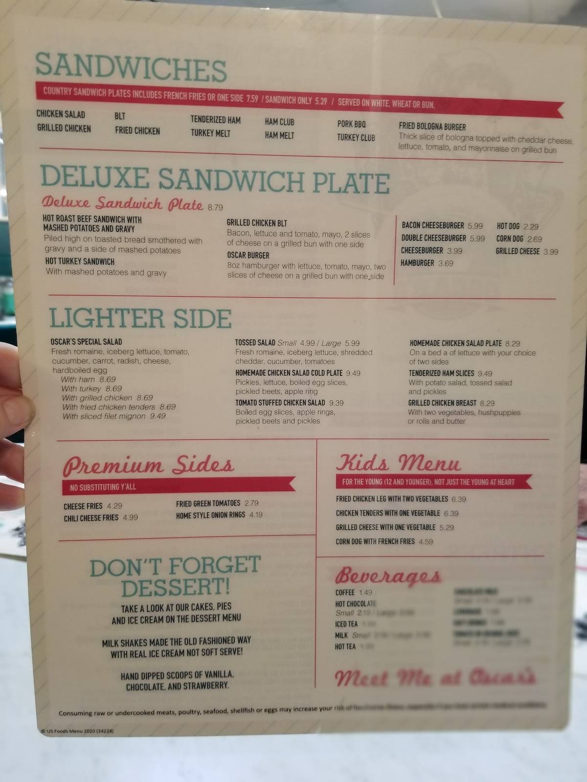 Menu at Oscar's Restaurant, Roanoke Rapids