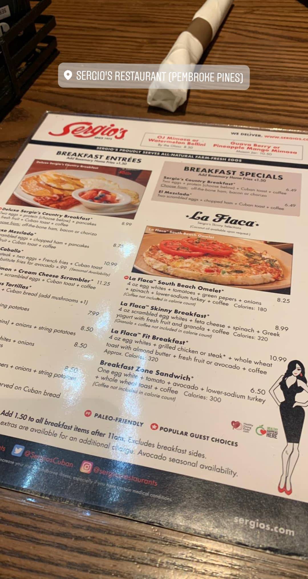 Menu at Sergio's Restaurant, Pembroke Pines